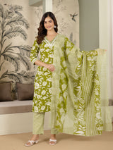 Green Pure Cotton Embroidery Work Printed Kurta Pant with Dupatta Set For Women's