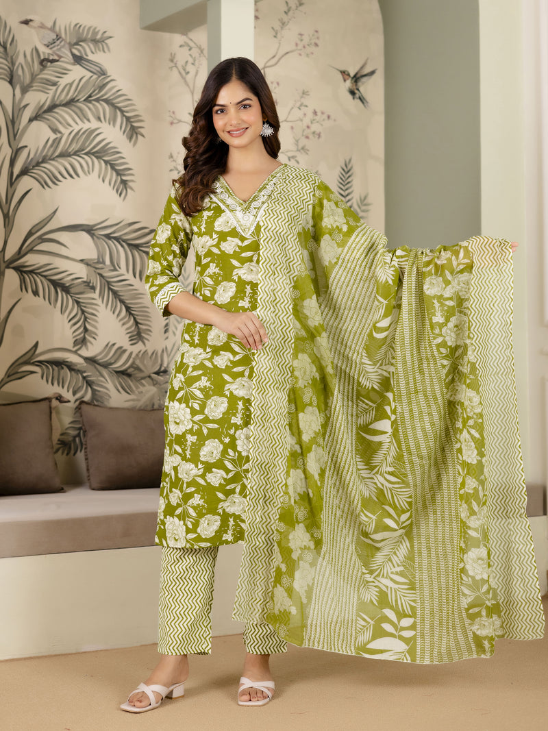 Green Pure Cotton Embroidery Work Printed Kurta Pant with Dupatta Set For Women's