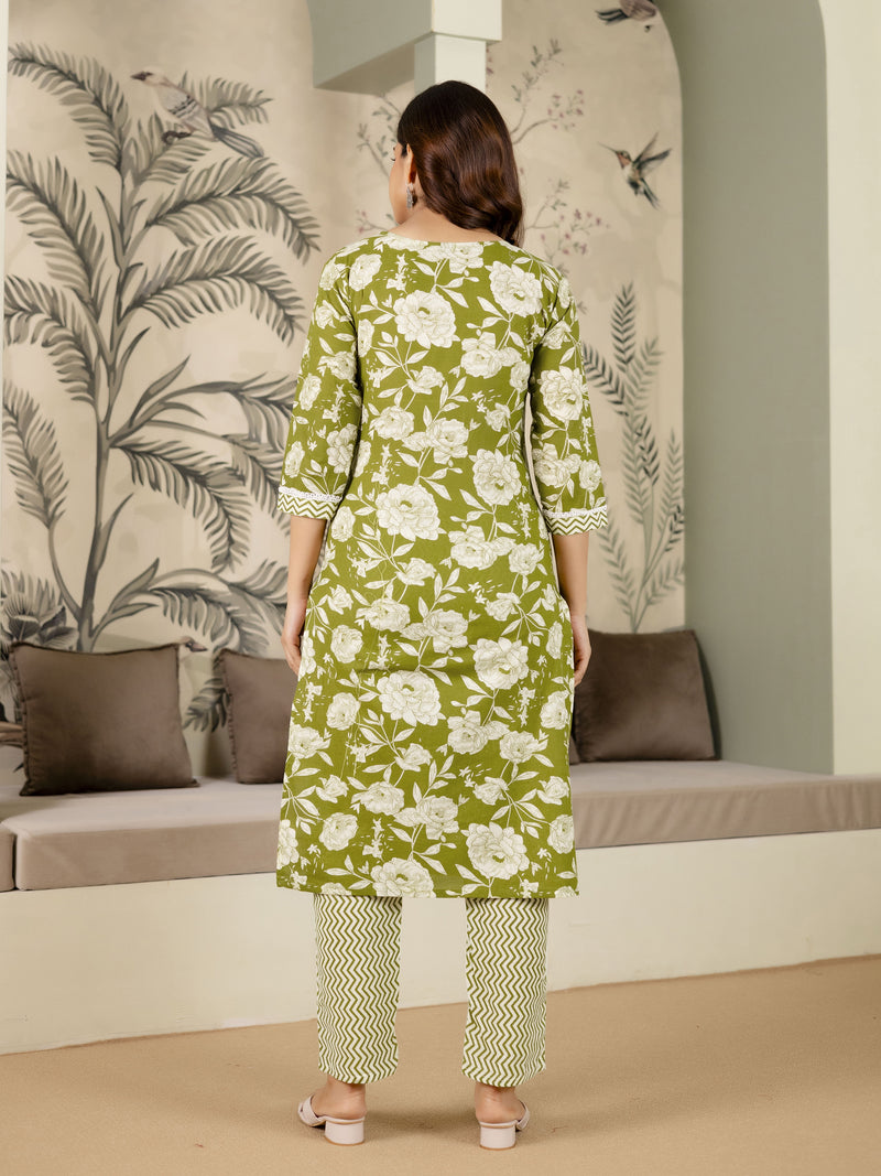 Green Pure Cotton Embroidery Work Printed Kurta Pant with Dupatta Set For Women's