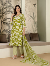 Green Pure Cotton Embroidery Work Printed Kurta Pant with Dupatta Set For Women's