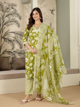 Green Pure Cotton Embroidery Work Printed Kurta Pant with Dupatta Set For Women's