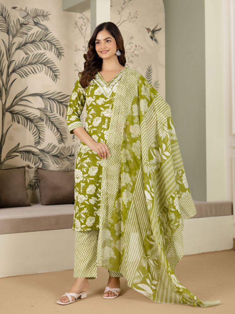 Green Pure Cotton Embroidery Work Printed Kurta Pant with Dupatta Set For Women's