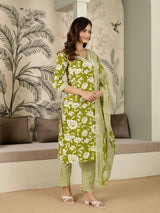 Green Pure Cotton Embroidery Work Printed Kurta Pant with Dupatta Set For Women's