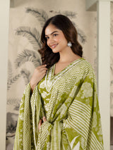 Green Pure Cotton Embroidery Work Printed Kurta Pant with Dupatta Set For Women's