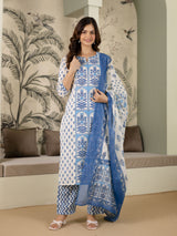 SkyBlue Pure Cotton Mughal-inspired Jaipuri Handblock Print Kurta Pant with Dupatta Set