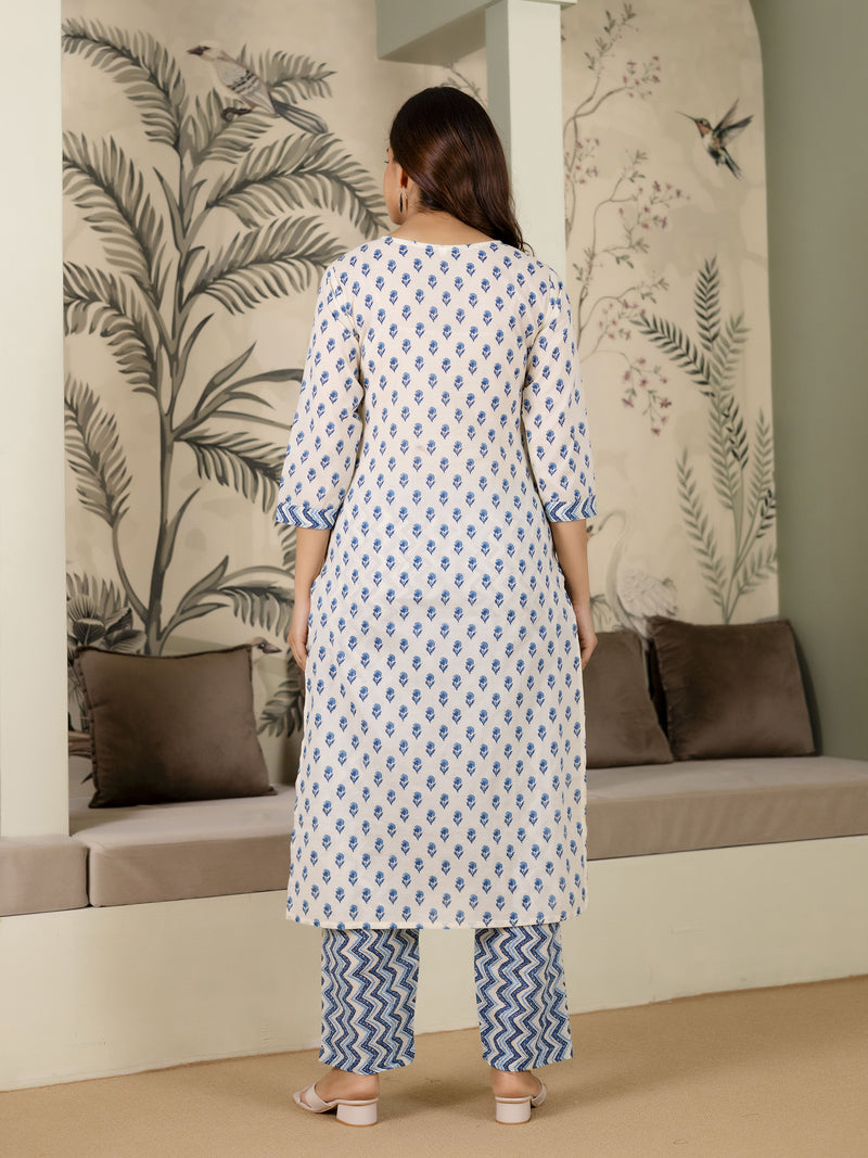 SkyBlue Pure Cotton Mughal-inspired Jaipuri Handblock Print Kurta Pant with Dupatta Set