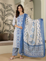 SkyBlue Pure Cotton Mughal-inspired Jaipuri Handblock Print Kurta Pant with Dupatta Set