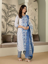 SkyBlue Pure Cotton Mughal-inspired Jaipuri Handblock Print Kurta Pant with Dupatta Set