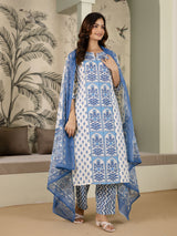 SkyBlue Pure Cotton Mughal-inspired Jaipuri Handblock Print Kurta Pant with Dupatta Set