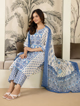 SkyBlue Pure Cotton Mughal-inspired Jaipuri Handblock Print Kurta Pant with Dupatta Set