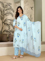 White Pure Cotton Floral Printed Kurta Pant with Dupatta Set For Women's