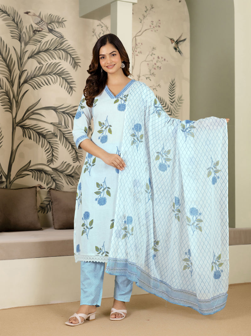 White Pure Cotton Floral Printed Kurta Pant with Dupatta Set For Women's