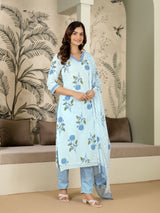 White Pure Cotton Floral Printed Kurta Pant with Dupatta Set For Women's