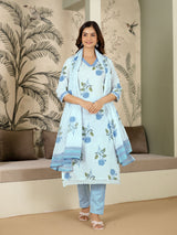 White Pure Cotton Floral Printed Kurta Pant with Dupatta Set For Women's