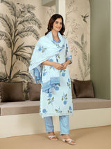 White Pure Cotton Floral Printed Kurta Pant with Dupatta Set For Women's