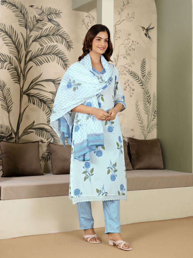 White Pure Cotton Floral Printed Kurta Pant with Dupatta Set For Women's