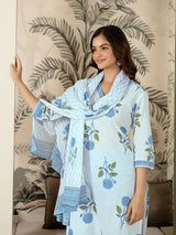 White Pure Cotton Floral Printed Kurta Pant with Dupatta Set For Women's