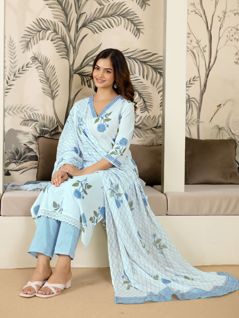 White Pure Cotton Floral Printed Kurta Pant with Dupatta Set For Women's
