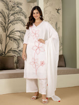 White Pure Cotton Floral Embroidery Kurta Pant with Dupatta Set