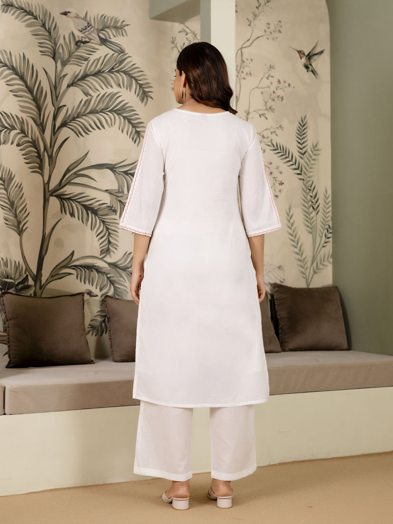 White Pure Cotton Floral Embroidery Kurta Pant with Dupatta Set