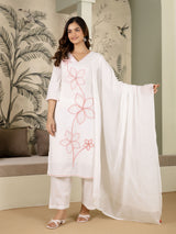 White Pure Cotton Floral Embroidery Kurta Pant with Dupatta Set