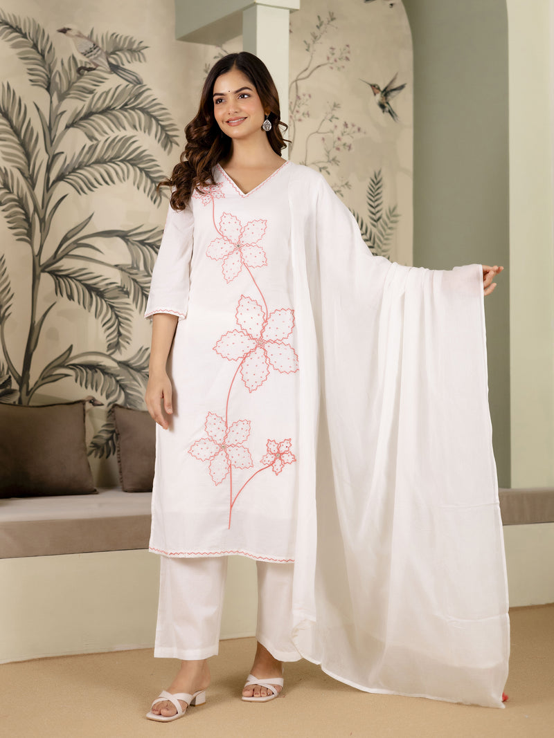 White Pure Cotton Floral Embroidery Kurta Pant with Dupatta Set