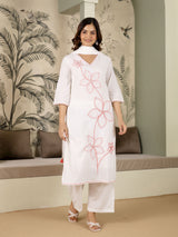 White Pure Cotton Floral Embroidery Kurta Pant with Dupatta Set