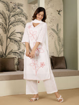 White Pure Cotton Embroidery Work Kurta Pant with Dupatta Set For Women's