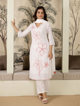 White Pure Cotton Floral Embroidery Kurta Pant with Dupatta Set