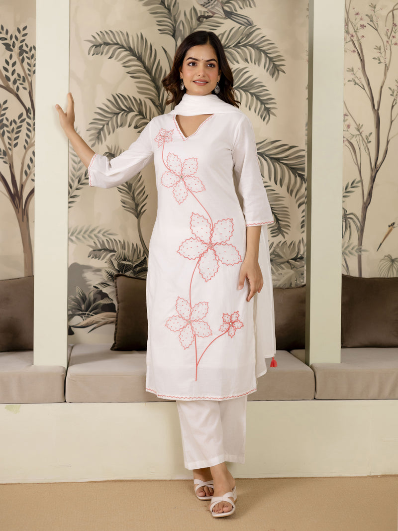 White Pure Cotton Floral Embroidery Kurta Pant with Dupatta Set
