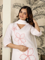 White Pure Cotton Embroidery Work Kurta Pant with Dupatta Set For Women's