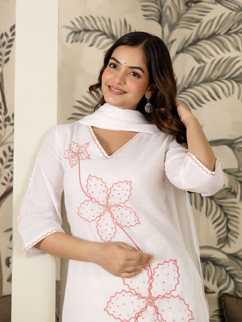 White Pure Cotton Floral Embroidery Kurta Pant with Dupatta Set
