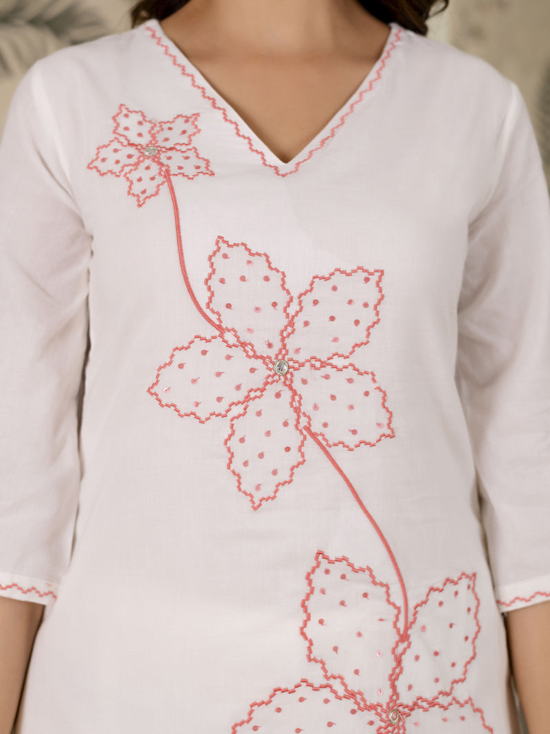 White Pure Cotton Floral Embroidery Kurta Pant with Dupatta Set
