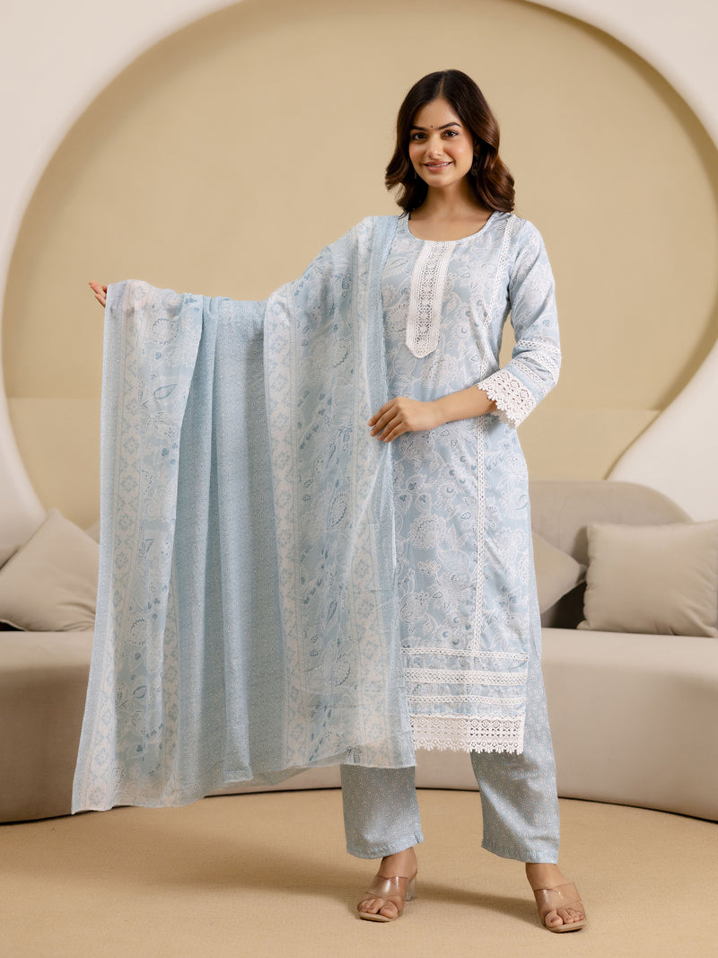 Skyblue Pure Cotton Embroidery Work Kurta Pant with Dupatta Set For Women's