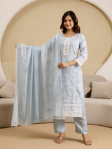 Skyblue Pure Cotton Paisley & Floral All-Over Print Kurta Pant with Dupatta Set