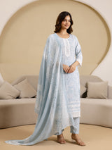 Skyblue Pure Cotton Paisley & Floral All-Over Print Kurta Pant with Dupatta Set