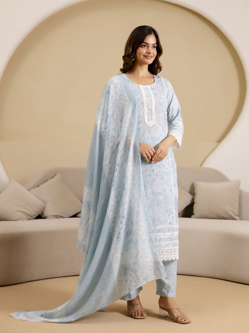 Skyblue Pure Cotton Paisley & Floral All-Over Print Kurta Pant with Dupatta Set