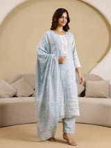 Skyblue Pure Cotton Embroidery Work Kurta Pant with Dupatta Set For Women's