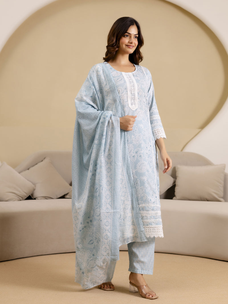 Skyblue Pure Cotton Embroidery Work Kurta Pant with Dupatta Set For Women's