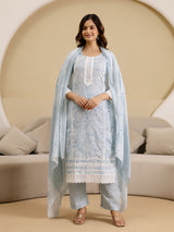 Skyblue Pure Cotton Paisley & Floral All-Over Print Kurta Pant with Dupatta Set