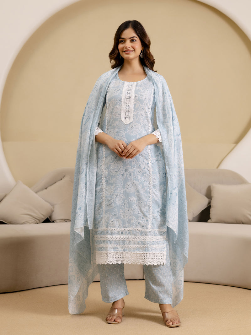 Skyblue Pure Cotton Paisley & Floral All-Over Print Kurta Pant with Dupatta Set