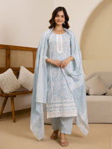 Skyblue Pure Cotton Paisley & Floral All-Over Print Kurta Pant with Dupatta Set