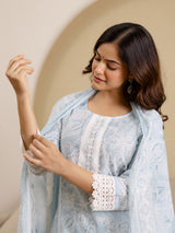 Skyblue Pure Cotton Paisley & Floral All-Over Print Kurta Pant with Dupatta Set
