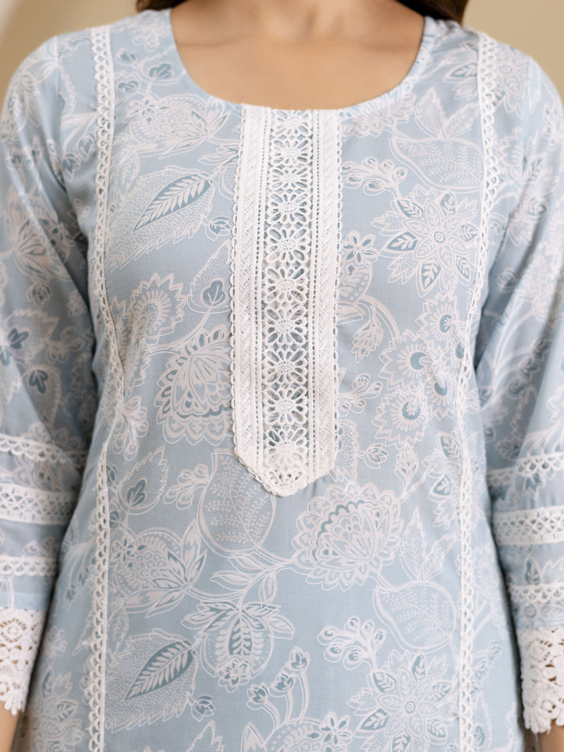 Skyblue Pure Cotton Paisley & Floral All-Over Print Kurta Pant with Dupatta Set