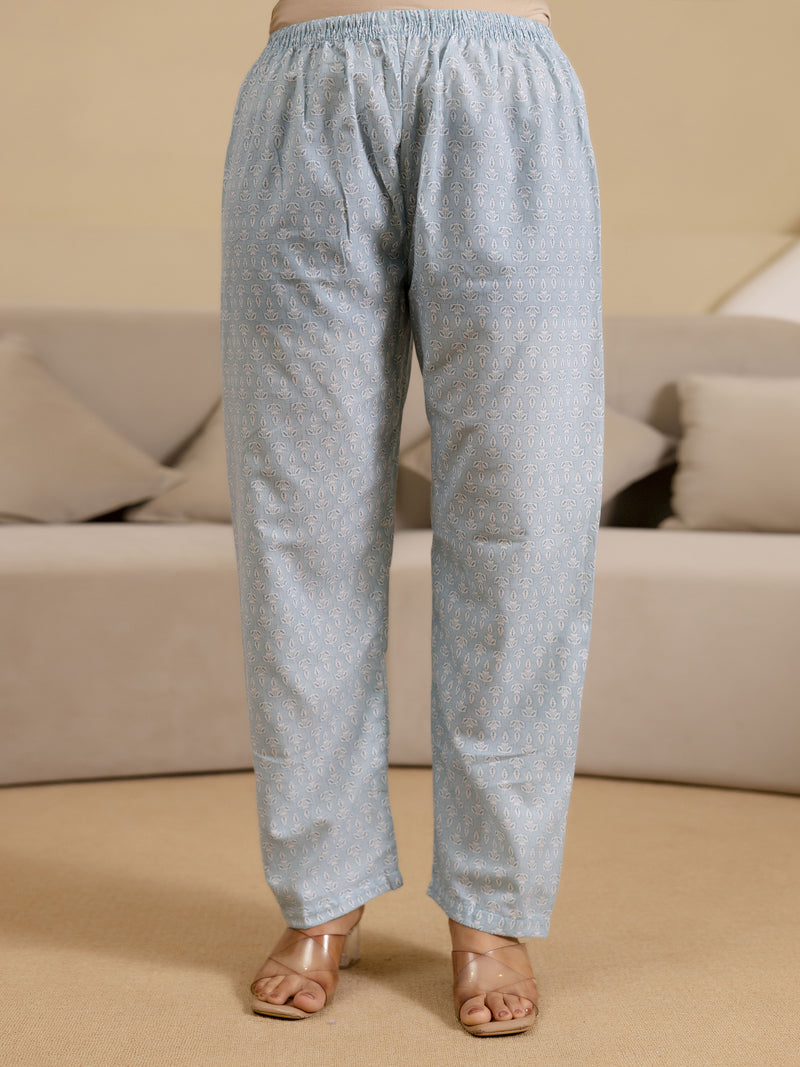 Skyblue Pure Cotton Paisley & Floral All-Over Print Kurta Pant with Dupatta Set