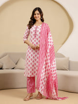 Pink Pure Cotton Embroidery Work Floral Printed Kurta Pant with Dupatta Set
