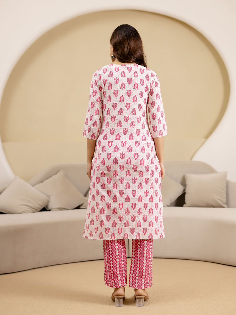 Pink Pure Cotton Embroidery Work Floral Design Kurta Pant with Dupatta Set For Women's