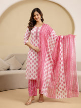 Pink Pure Cotton Embroidery Work Floral Printed Kurta Pant with Dupatta Set