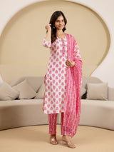 Pink Pure Cotton Embroidery Work Floral Design Kurta Pant with Dupatta Set For Women's