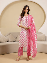 Pink Pure Cotton Embroidery Work Floral Design Kurta Pant with Dupatta Set For Women's